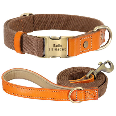 Nylon and Leather Dog Collar Leash Set with ID Tag