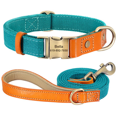 Nylon and Leather Dog Collar Leash Set with ID Tag